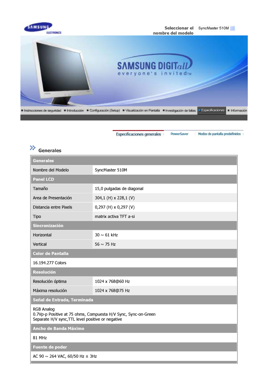 Samsung 910V, 910M, 710M, 712V, 715V, 713V manual Nombre del Modelo SyncMaster 510M 