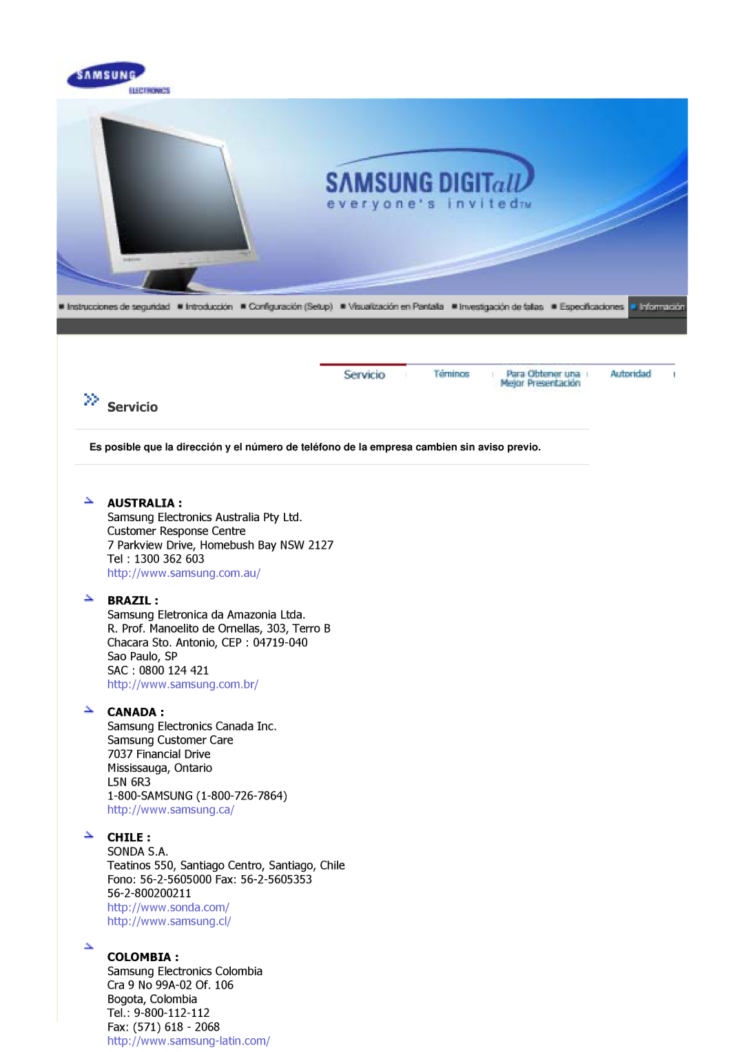 Samsung 715V, 910V, 910M, 710M, 712V, 510M, 713V manual Servicio, Australia Brazil 