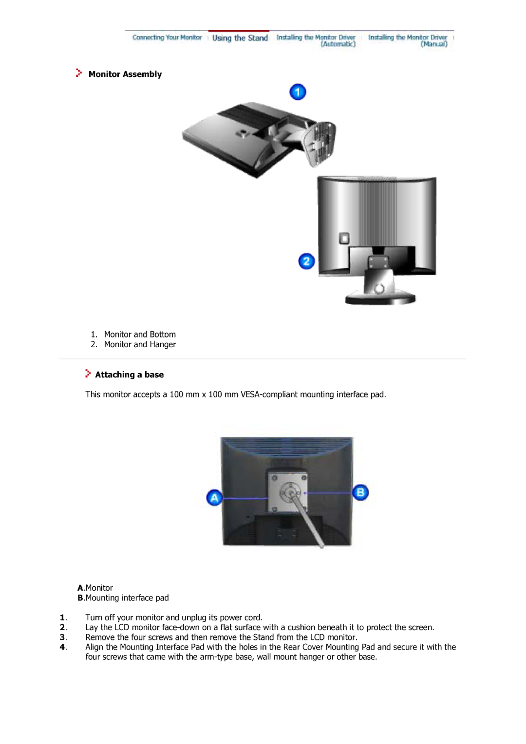 Samsung 712V, 910V, 910M, 710V, 710M, 510M manual Monitor Assembly, Attaching a base 