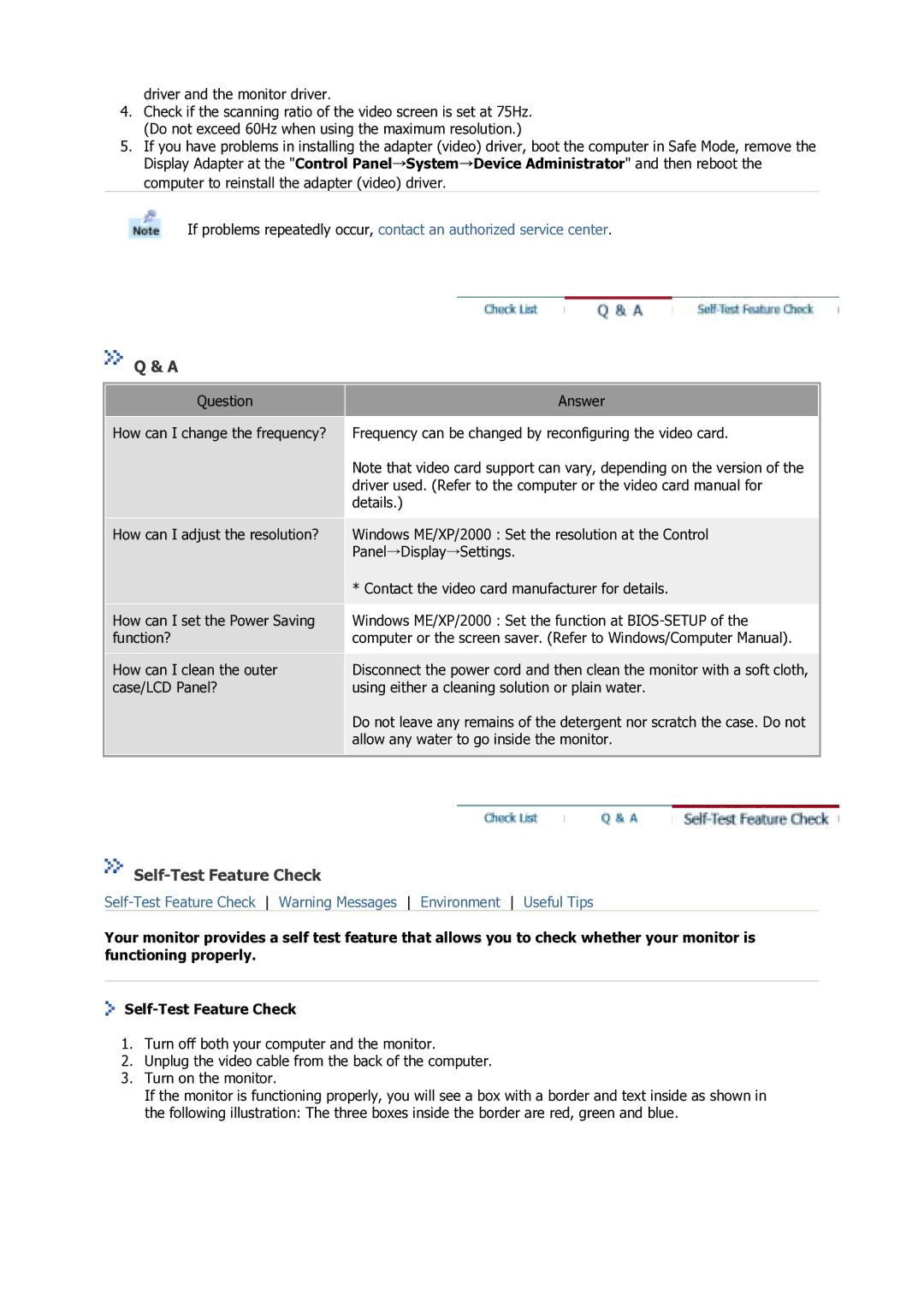 Samsung 710M, 910V, 910M, 710V, 712V, 510M manual Self-Test Feature Check 