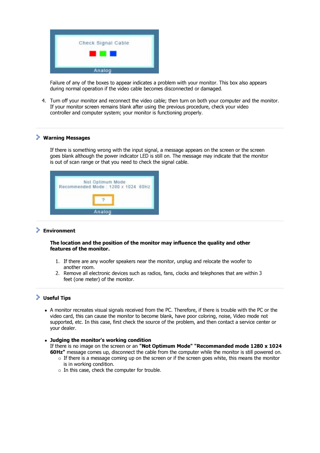 Samsung 712V, 910V, 910M, 710V, 710M, 510M manual Useful Tips, Judging the monitors working condition 