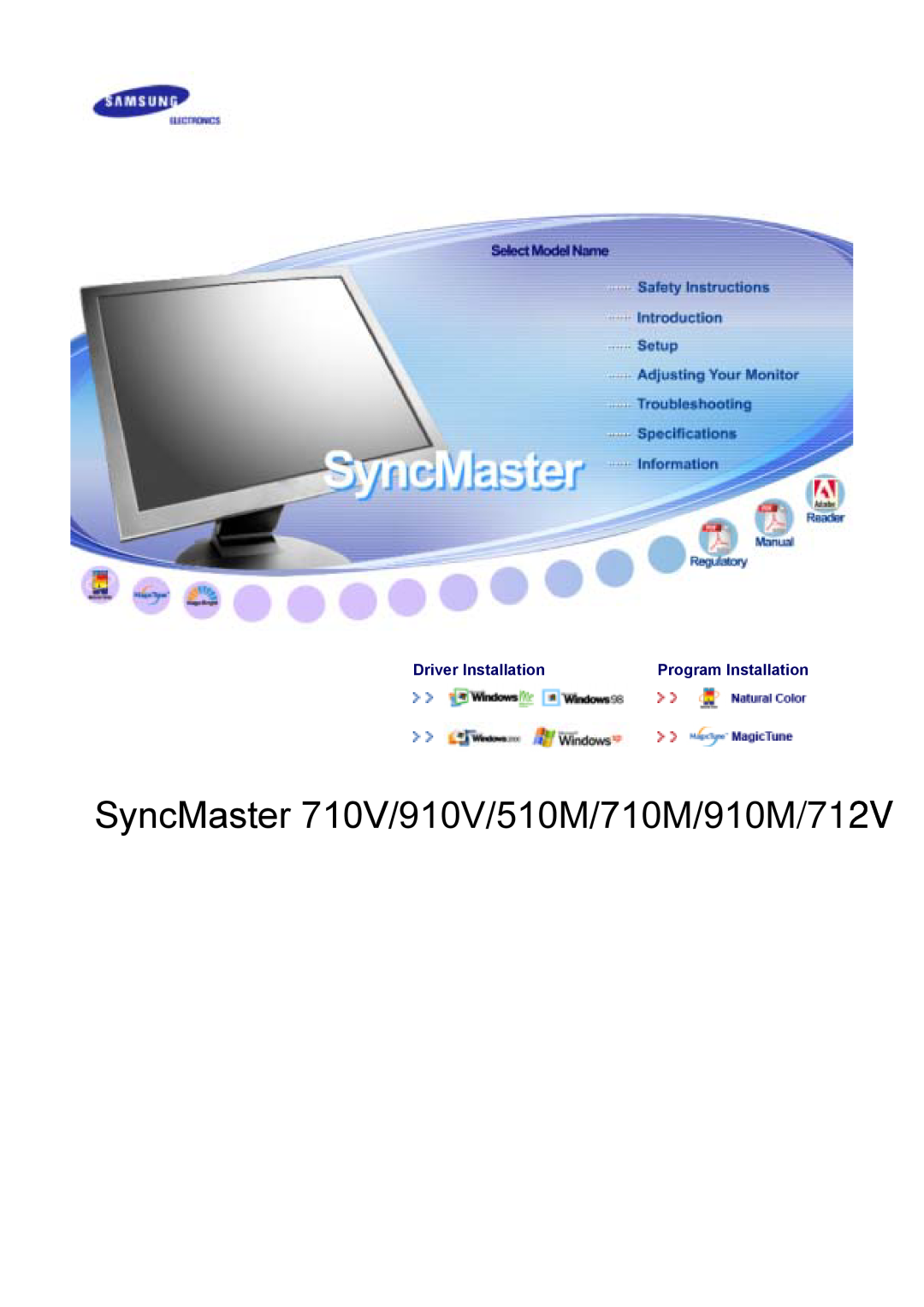 Samsung manual SyncMaster 710V/910V/510M/710M/910M/712V, Driver Installation, Program Installation 