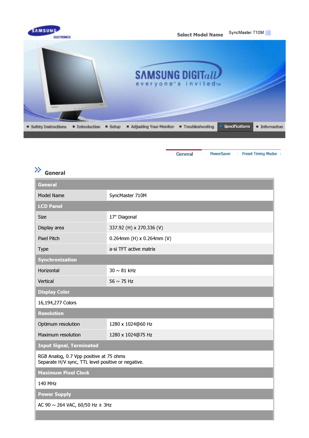 Samsung 710V, 910V, 910M, 712V, 510M manual General, Select Model Name, SyncMaster 710M 