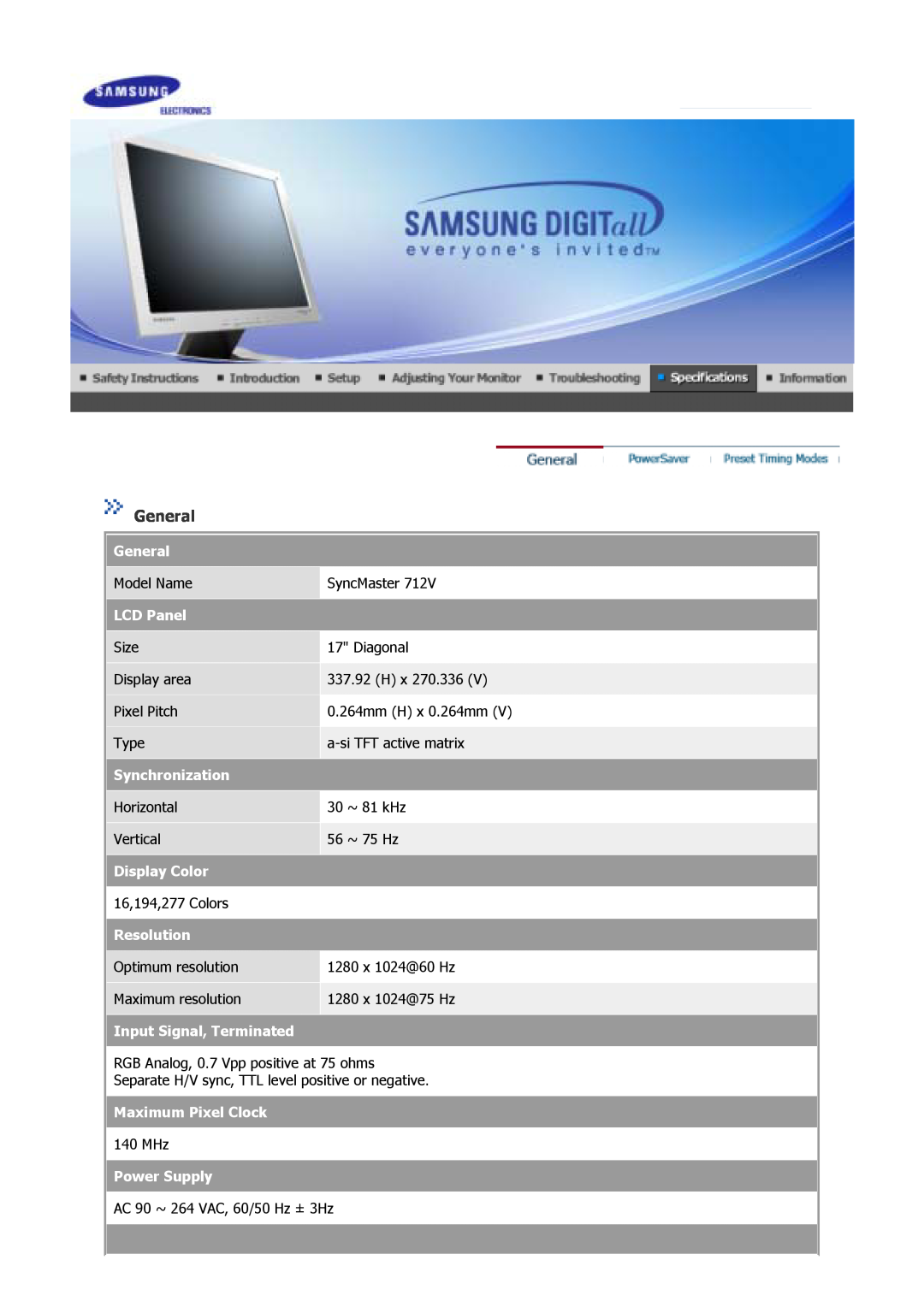 Samsung 710V General, LCD Panel, Synchronization, Display Color, Resolution, Input Signal, Terminated, Maximum Pixel Clock 