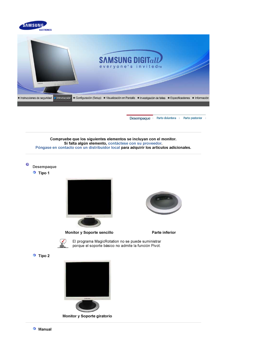 Samsung 901N, 911N Desempaque, Tipo Monitor y Soporte sencillo Parte inferior, Tipo Monitor y Soporte giratorio Manual 