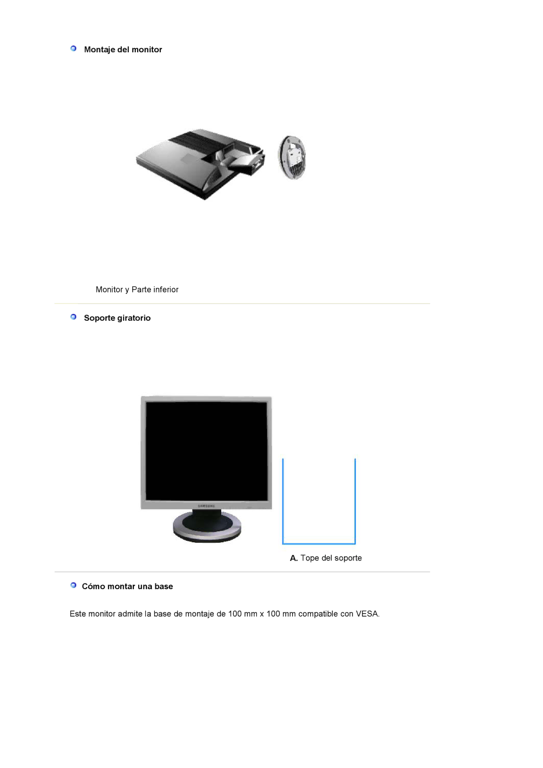 Samsung 911N, 901N, 701N manual Montaje del monitor, Soporte giratorio, Cómo montar una base 