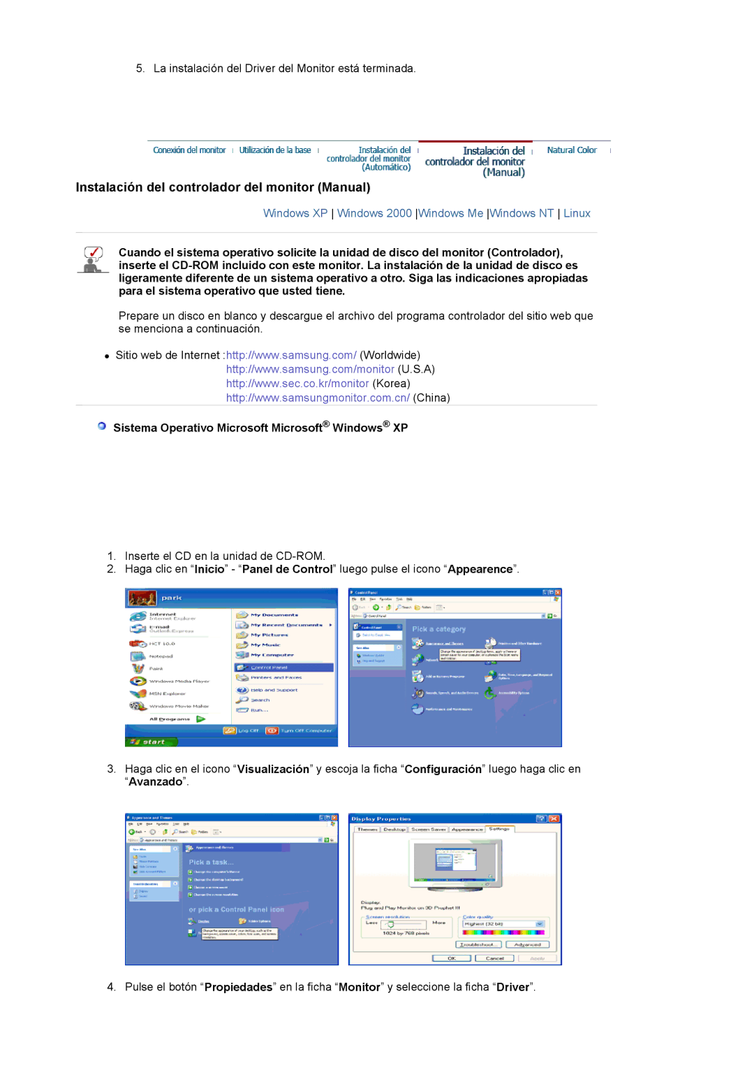 Samsung 911N, 901N, 701N Instalación del controlador del monitor Manual, Sistema Operativo Microsoft Microsoft Windows XP 