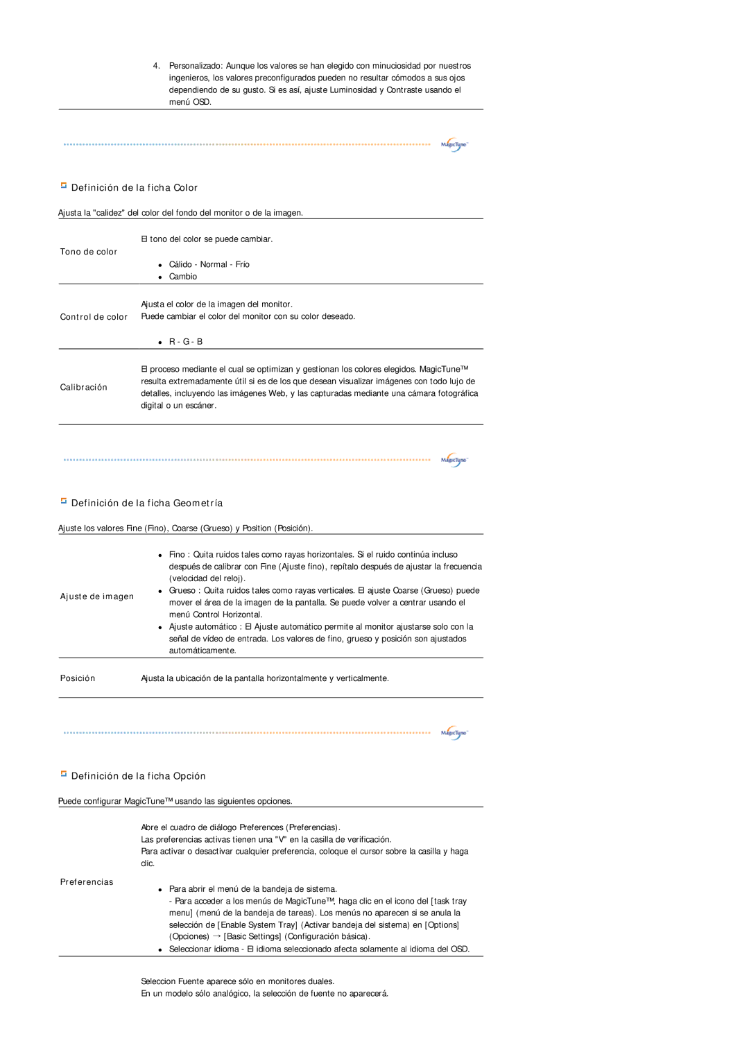 Samsung 901N, 911N, 701N manual Definición de la ficha Color 