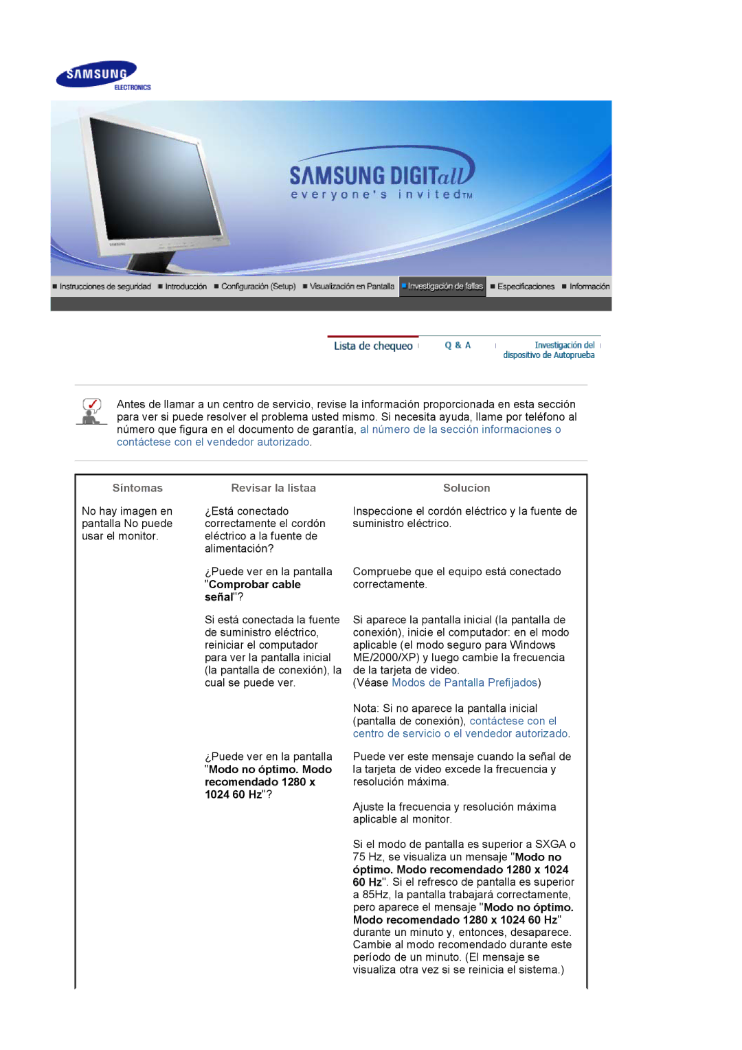 Samsung 701N, 911N, 901N manual Síntomas, Revisar la listaa Solucíon, Comprobar cable, Señal? 