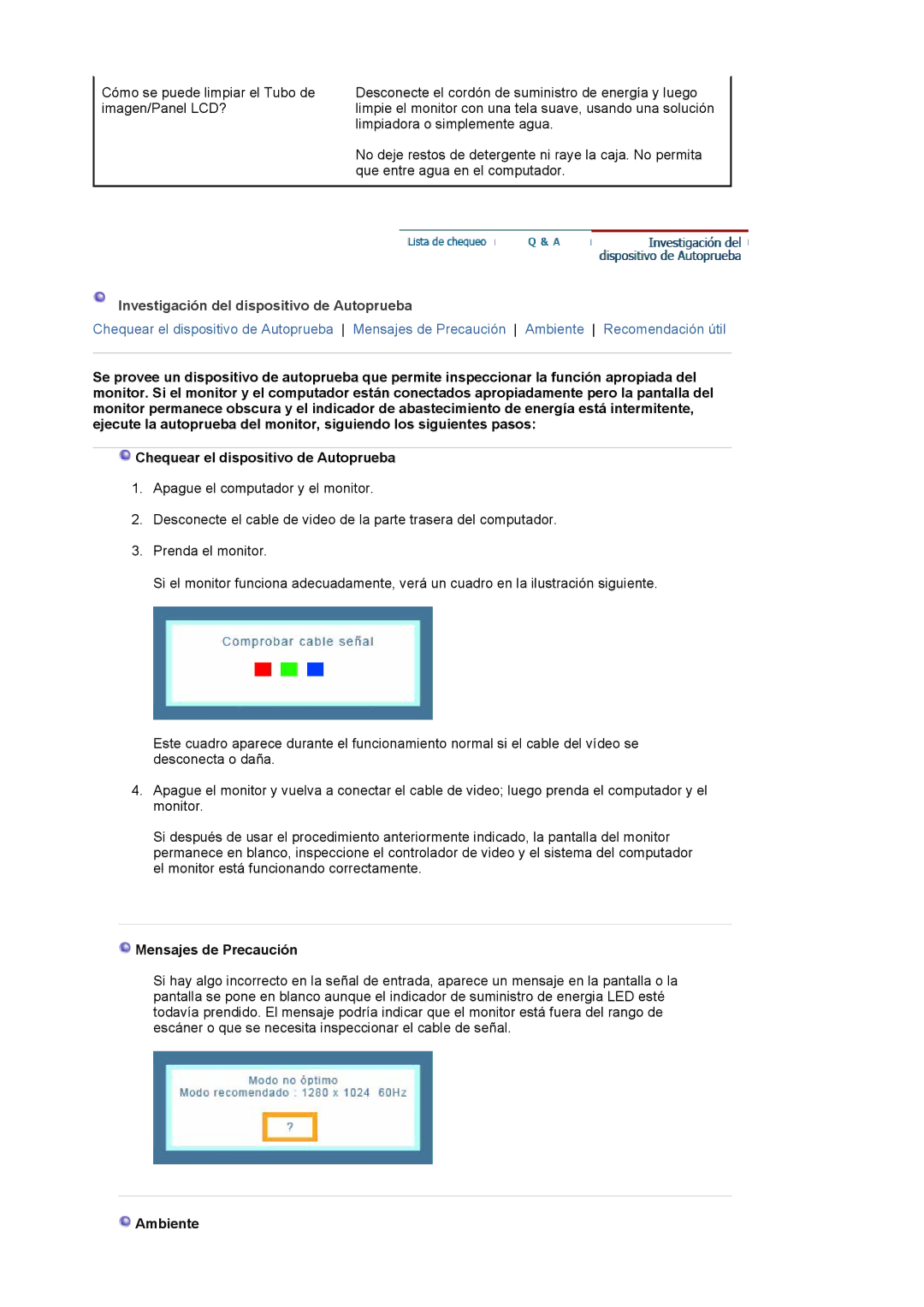 Samsung 701N, 911N, 901N manual Investigación del dispositivo de Autoprueba, Mensajes de Precaución, Ambiente 