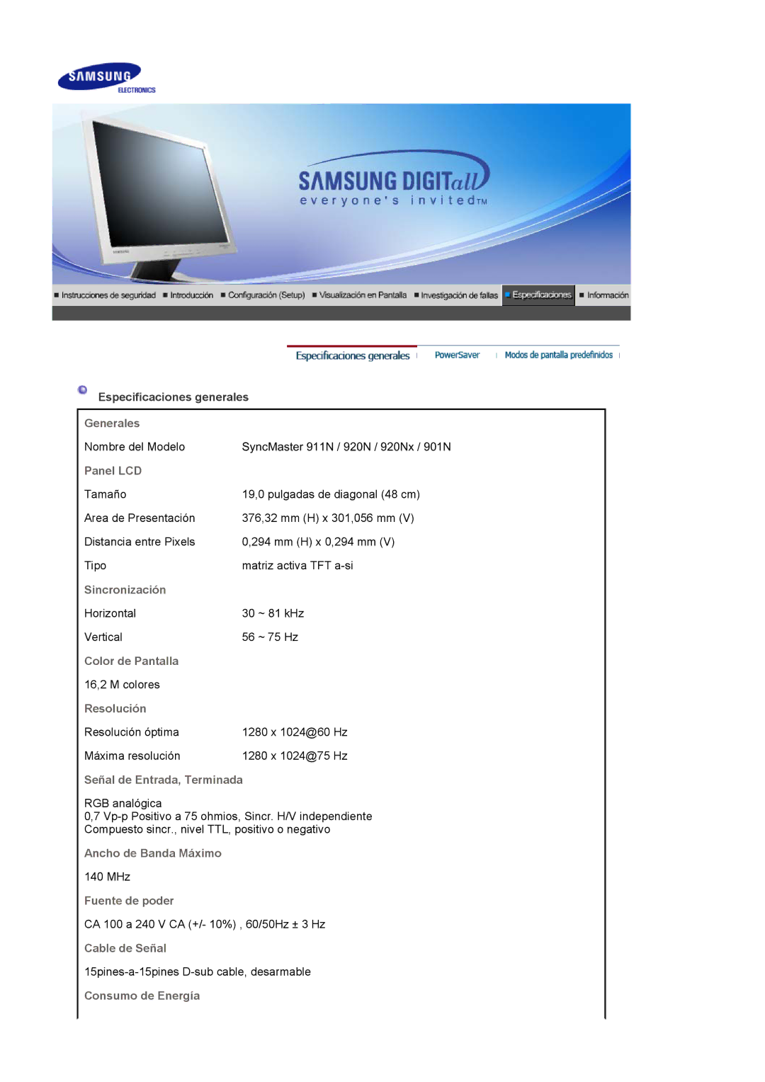 Samsung 901N, 911N, 701N Generales, Panel LCD, Sincronización, Color de Pantalla, Resolución, Señal de Entrada, Terminada 