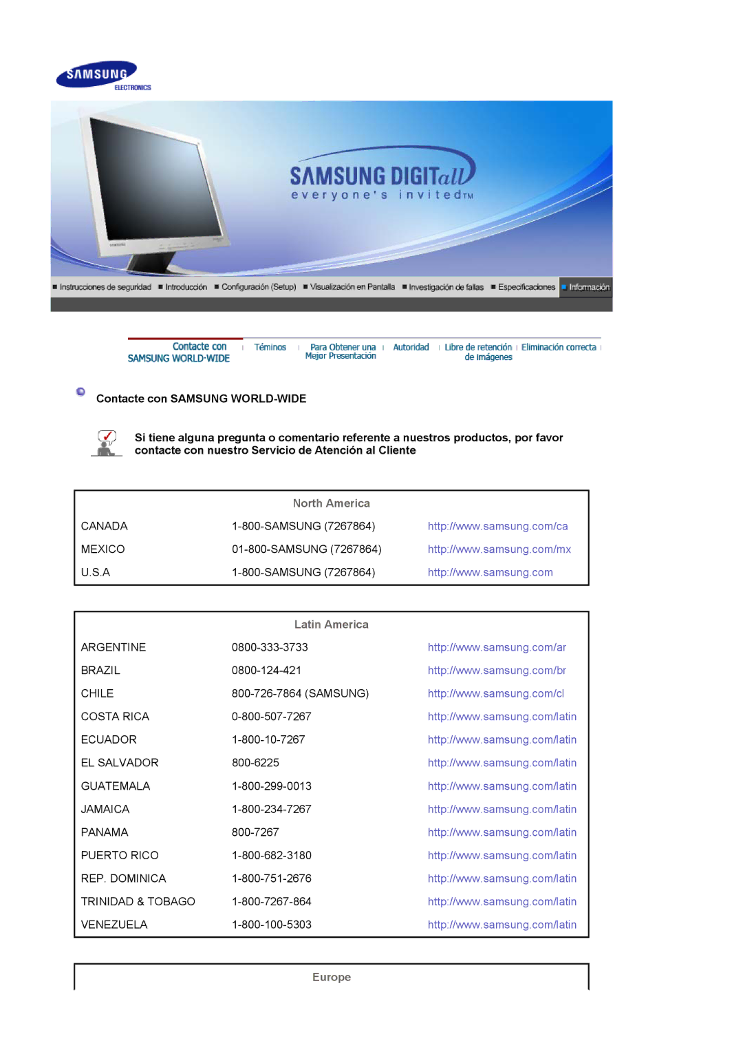 Samsung 911N, 901N, 701N manual North America, Latin America, Europe 