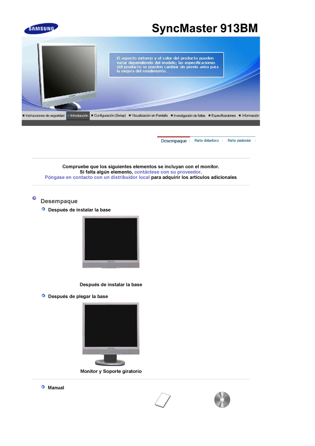 Samsung manual SyncMaster 913BM, Desempaque 