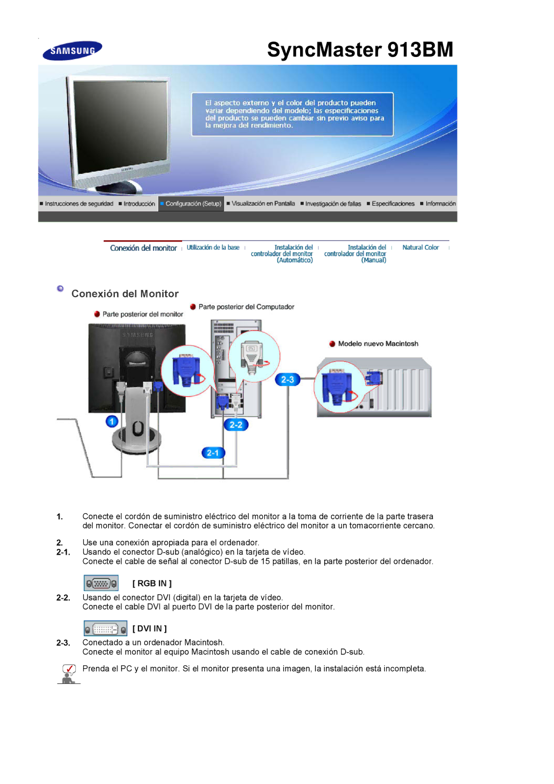 Samsung 913BM manual Conexión del Monitor, Rgb, Dvi 