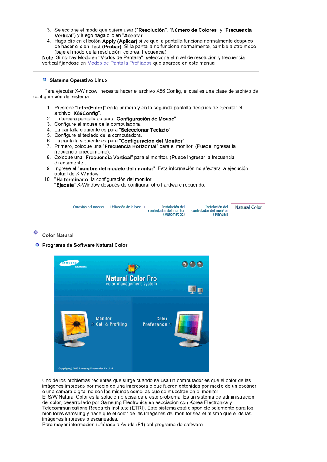 Samsung 913BM manual Sistema Operativo Linux, Programa de Software Natural Color 