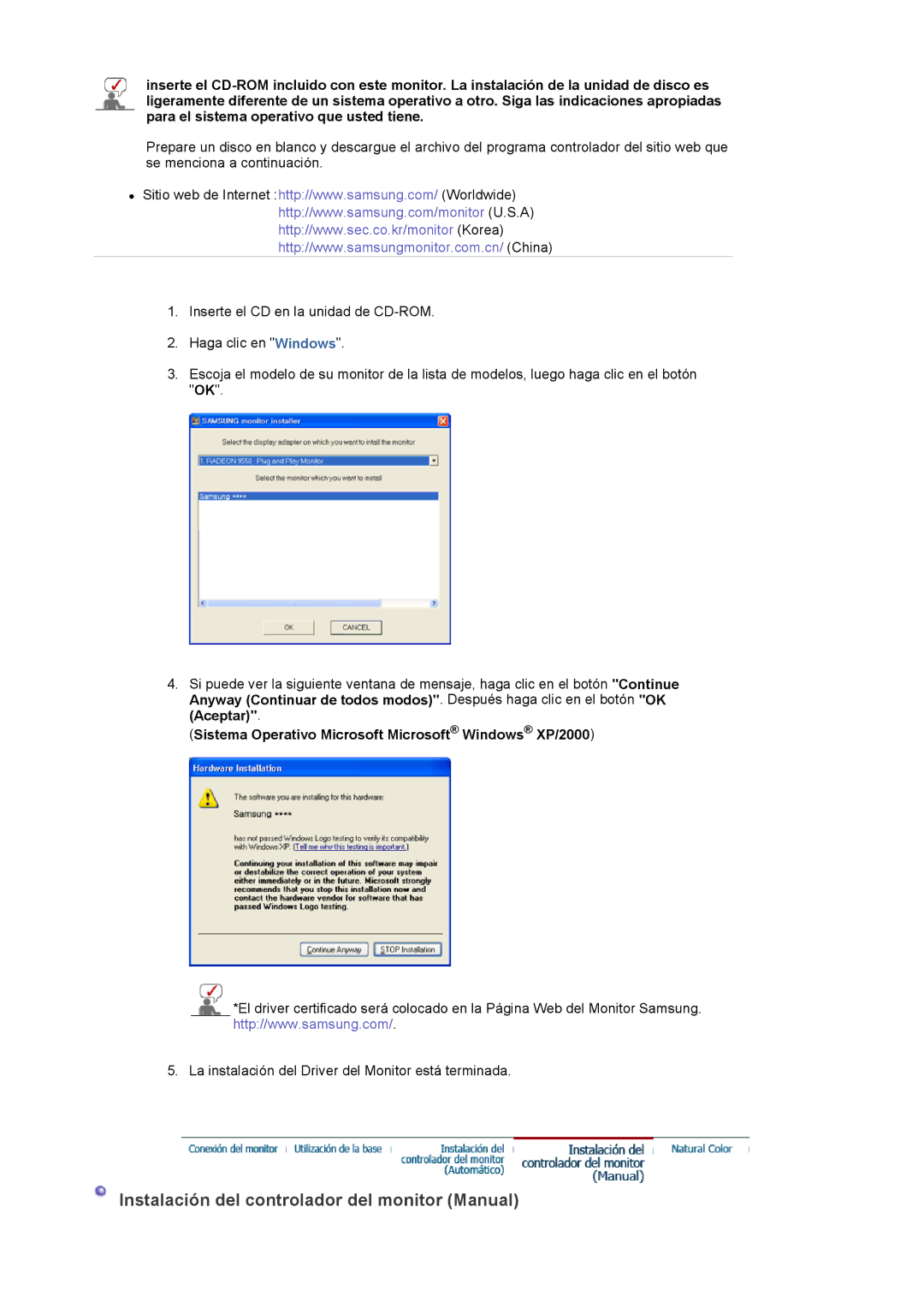 Samsung 913BM manual Instalación del controlador del monitor Manual 