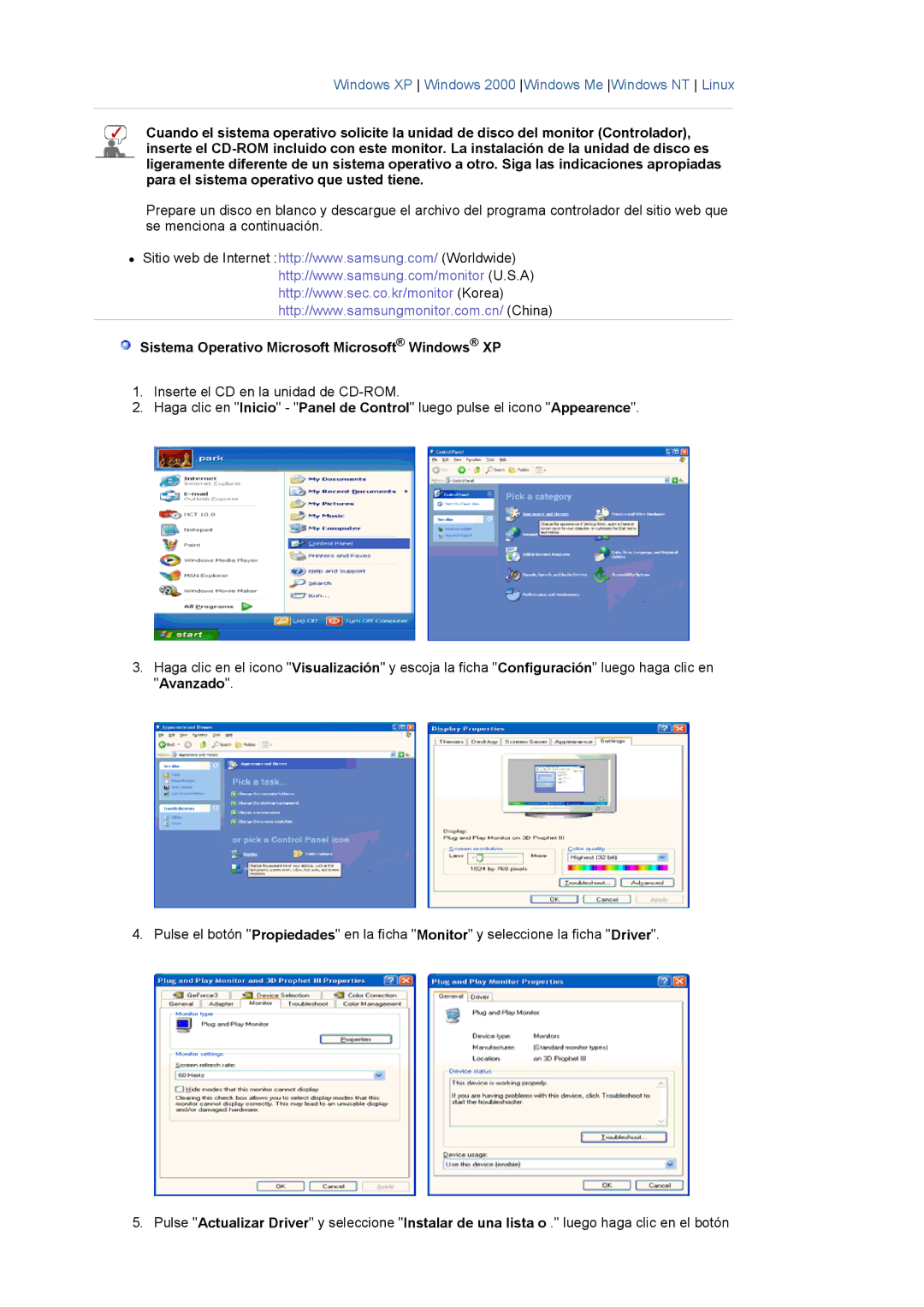 Samsung 913BM manual Sistema Operativo Microsoft Microsoft Windows XP 