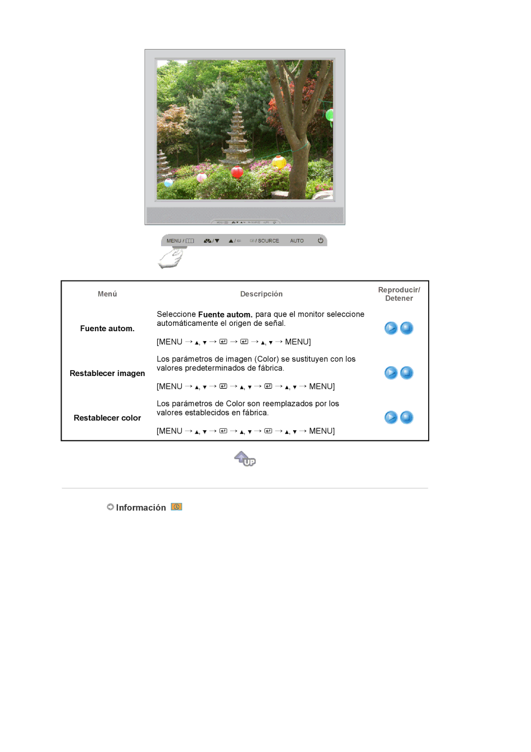 Samsung 913BM manual Información, Fuente autom Restablecer imagen Restablecer color 