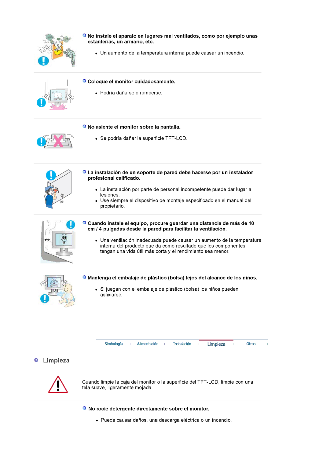 Samsung 913BM manual Limpieza, Coloque el monitor cuidadosamente, No asiente el monitor sobre la pantalla 