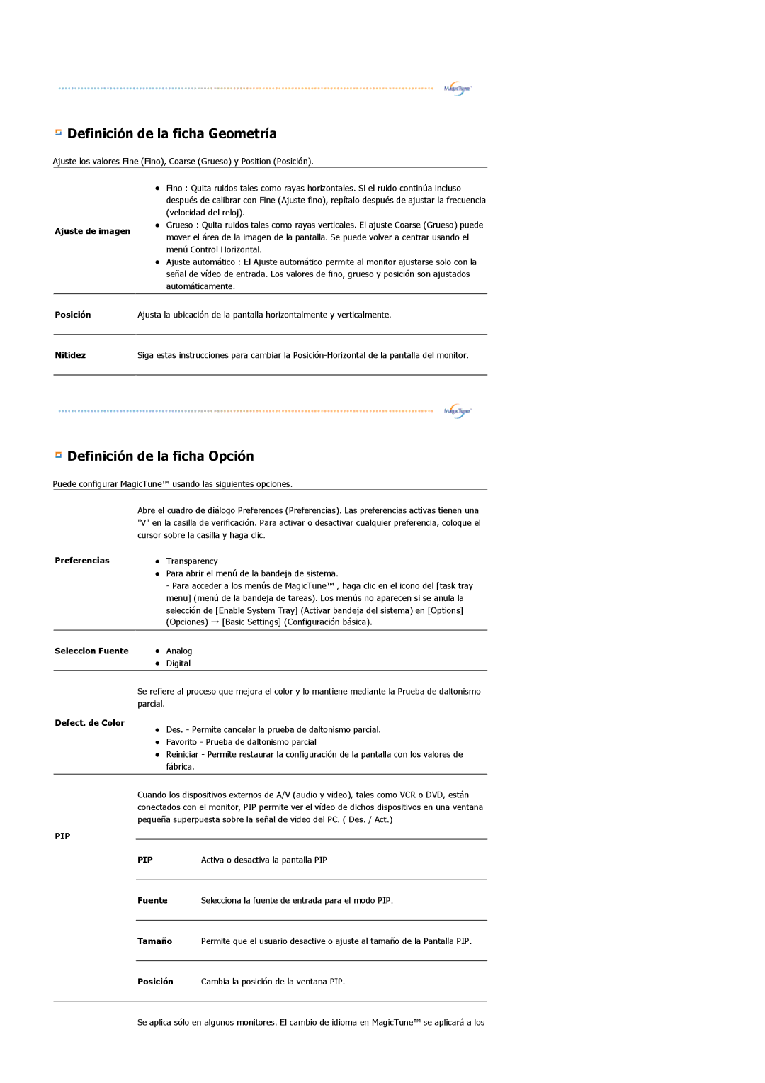 Samsung 913BM manual Definición de la ficha Geometría 