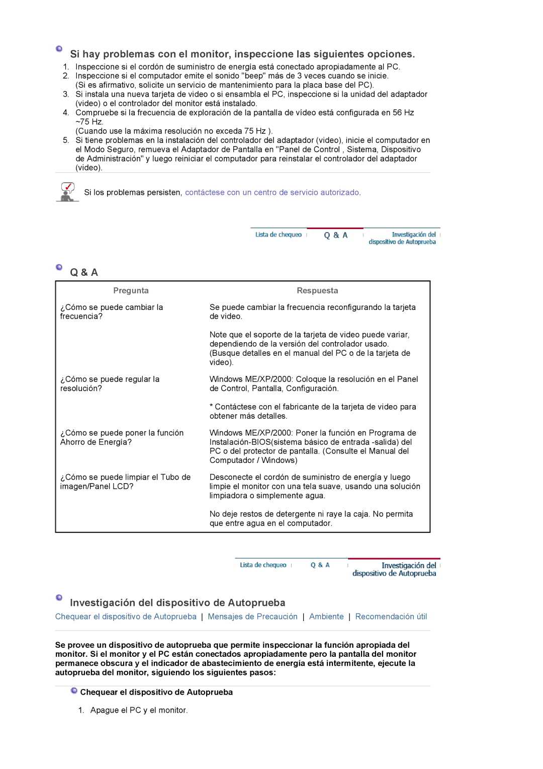 Samsung 913BM manual Investigación del dispositivo de Autoprueba, Pregunta, Respuesta 