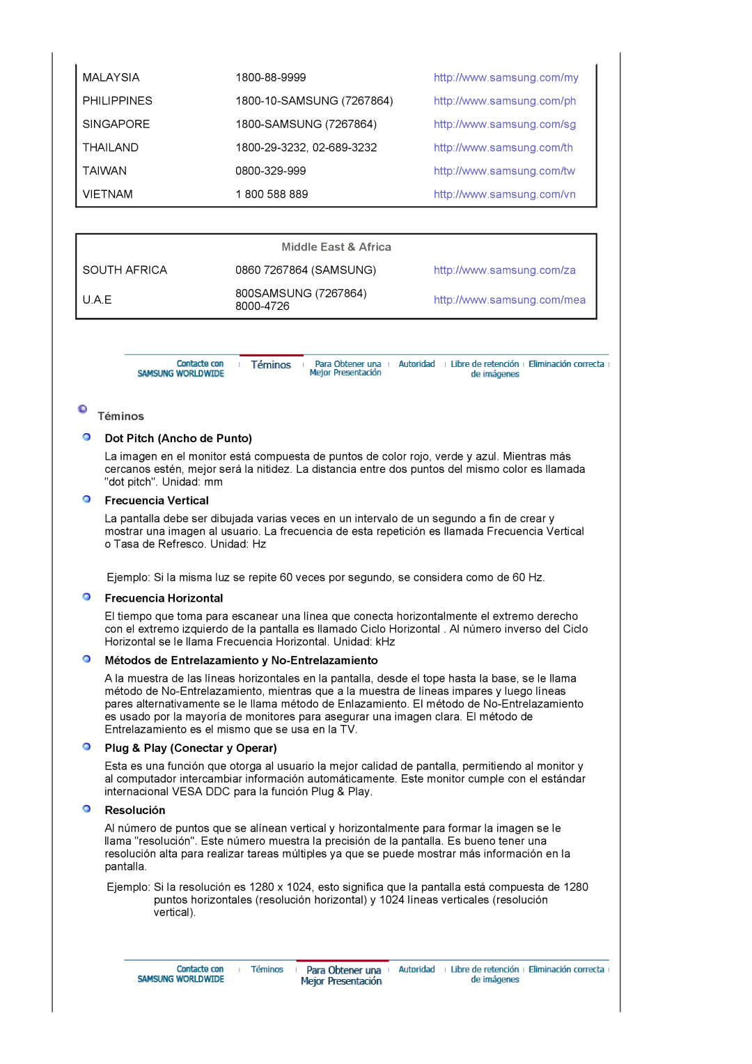 Samsung 913BM manual Middle East & Africa 