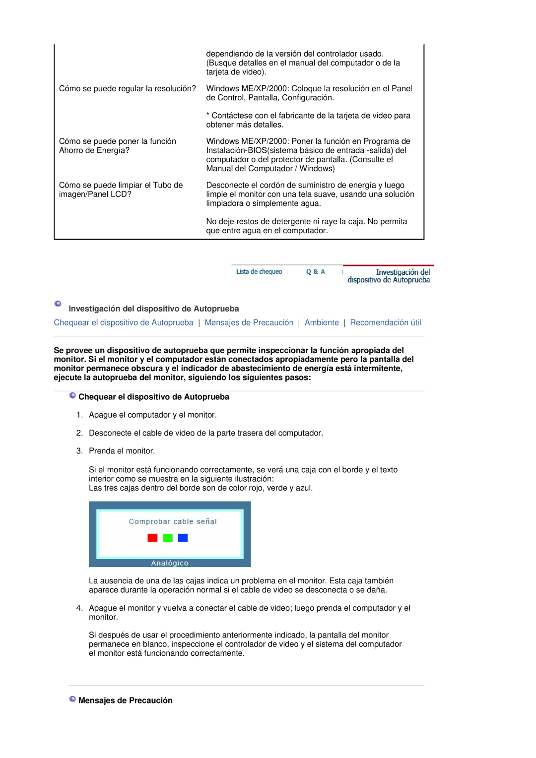 Samsung 712N, 913N, 912N, 915V, 912T, 910N, 910T, 711T, 710N Investigación del dispositivo de Autoprueba, Mensajes de Precaución 