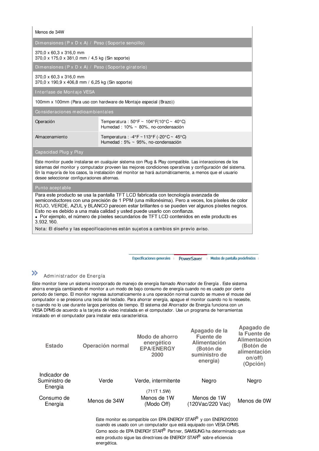 Samsung 915V, 913N, 912N, 912T, 910N, 910T, 711T, 710N, 710T, 712N, 510N Administrador de Energía, Consideraciones medioambientales 