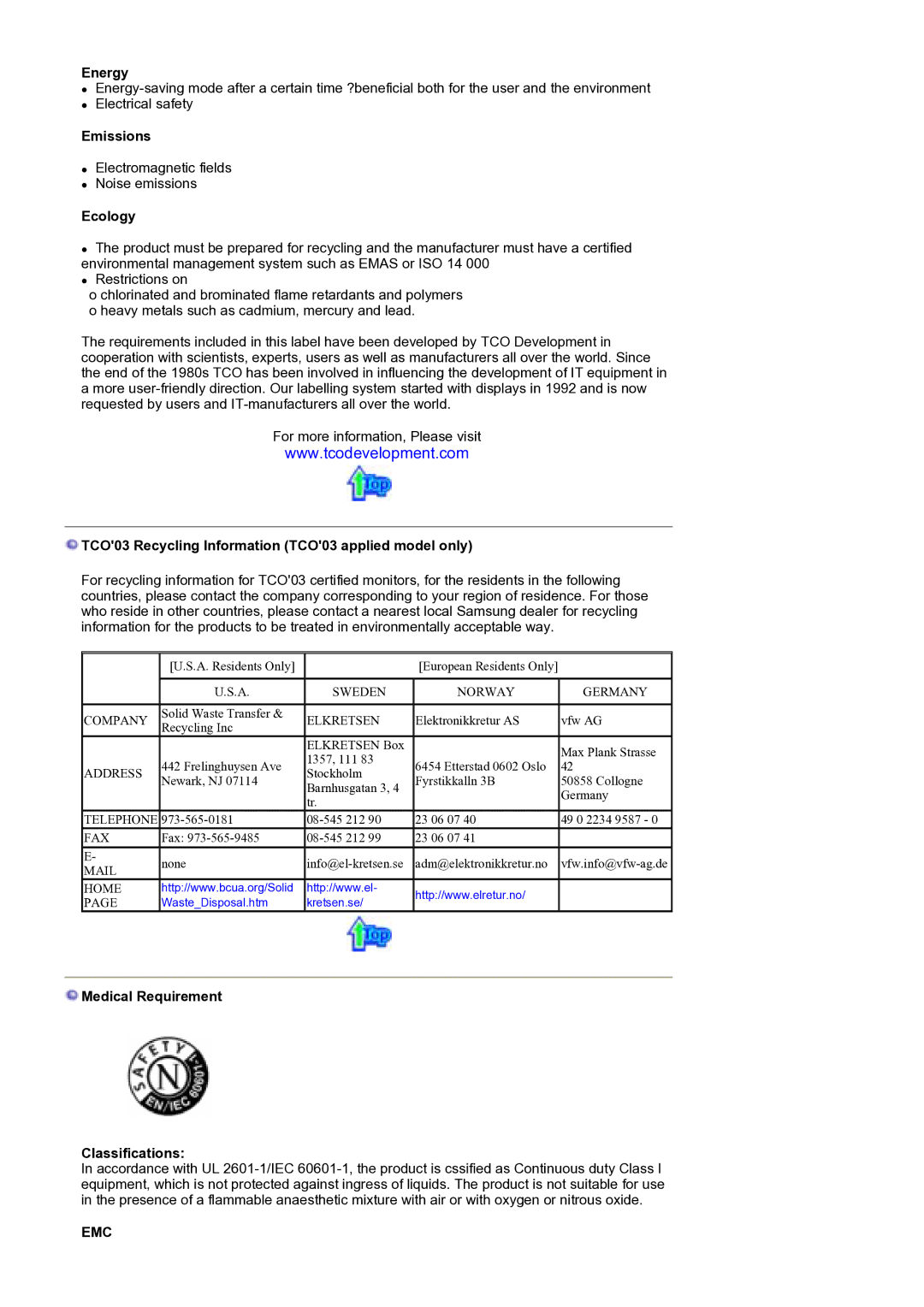 Samsung 510T, 913N, 912N, 915V, 912T, 910N Energy, Emissions, Ecology, TCO03 Recycling Information TCO03 applied model only 