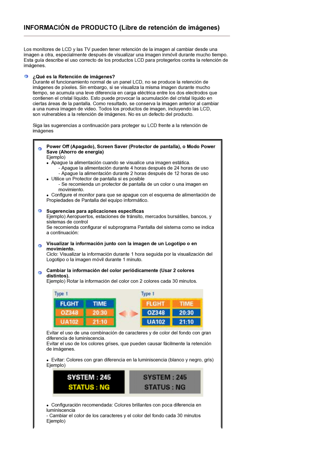 Samsung 912N, 913N, 915V, 912T, 910N, 910T, 711T ¿Qué es la Retención de imágenes?, Sugerencias para aplicaciones específicas 