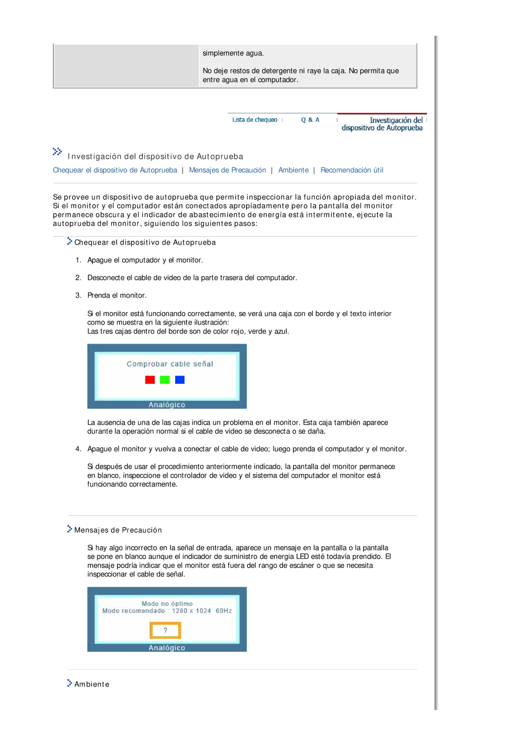 Samsung 712N, 913N, 912N, 915V, 912T, 910N, 910T Investigación del dispositivo de Autoprueba, Mensajes de Precaución, Ambiente 