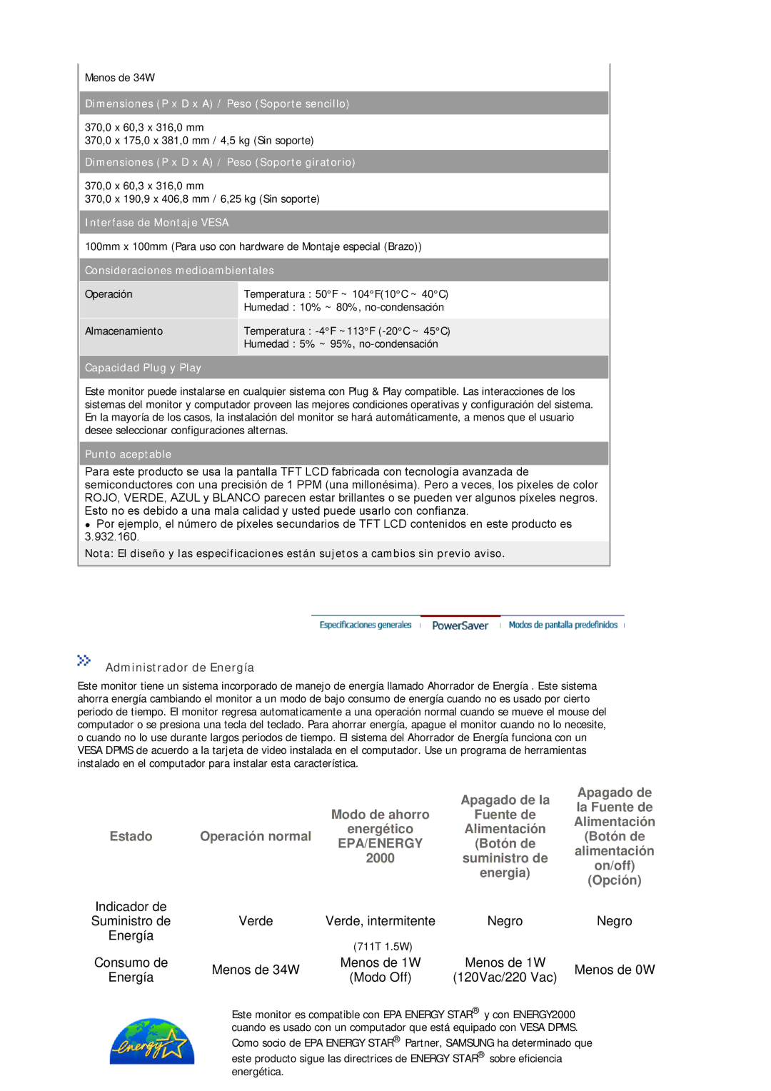 Samsung 913N, 912N, 915V, 912T, 910N, 910T, 711T, 710N, 710T, 712N, 510N Administrador de Energía, Consideraciones medioambientales 