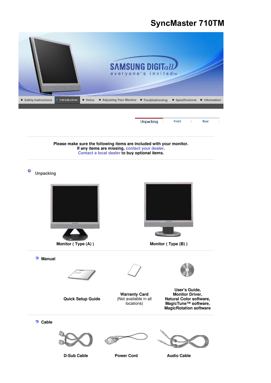 Samsung 713BM, 913TM Unpacking, Natural Color software, MagicRotation software, Cable Sub Cable Power Cord Audio Cable 