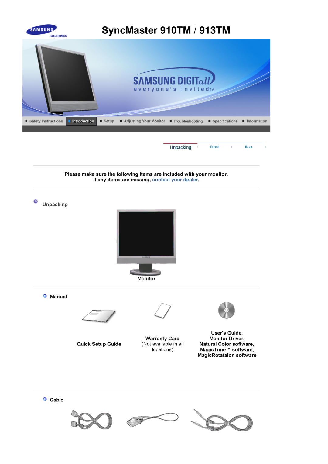 Samsung 710TM, 913TM, 910TM, 713BM manual MagicRotataion software, Cable 