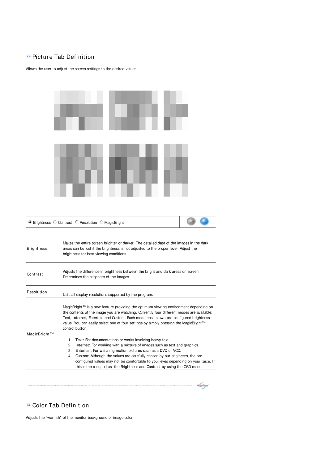 Samsung 913TM, 910TM, 713BM, 710TM manual Picture Tab Definition 