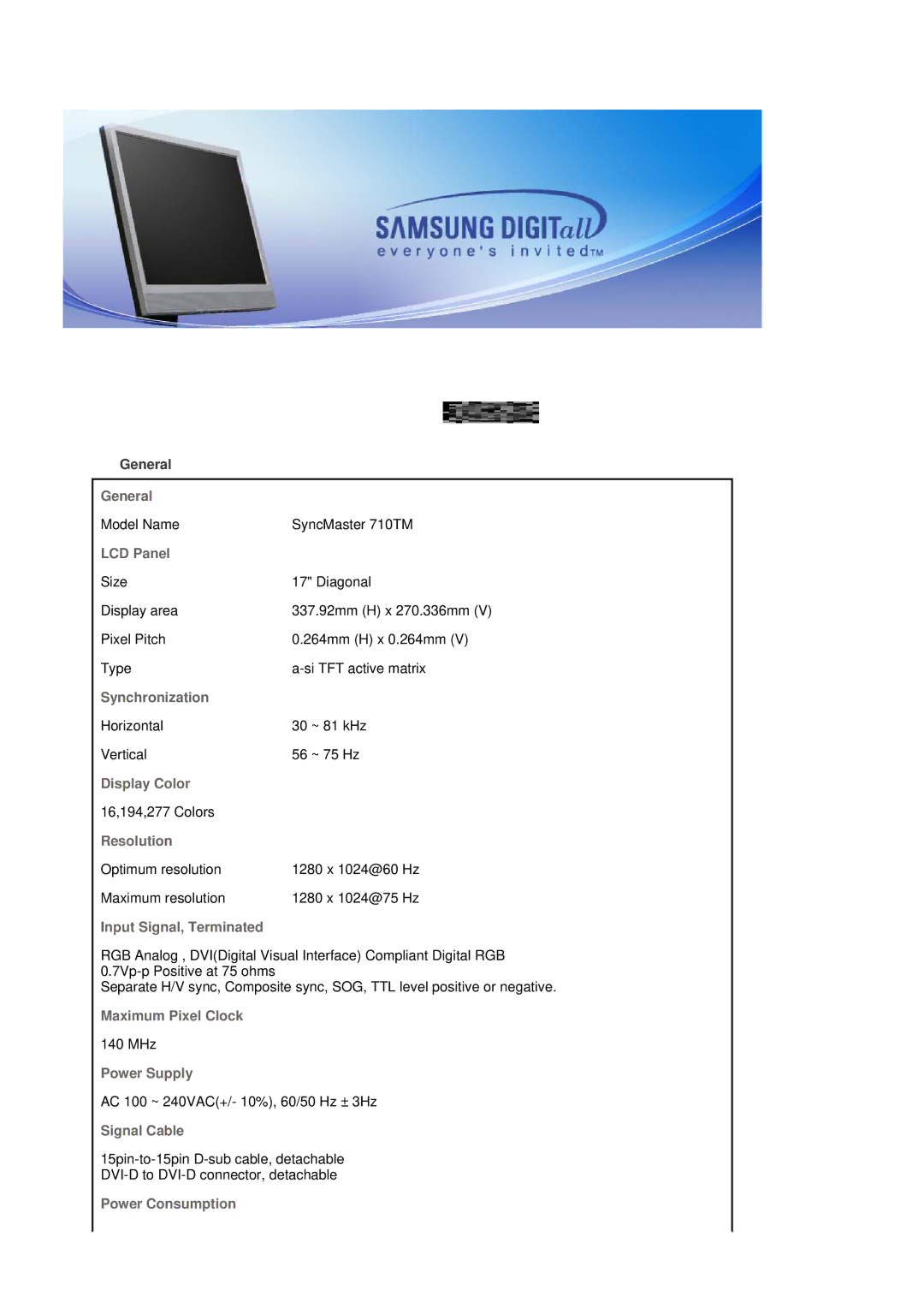 Samsung 713BM manual General, LCD Panel, Synchronization, Display Color, Resolution, Input Signal, Terminated, Power Supply 