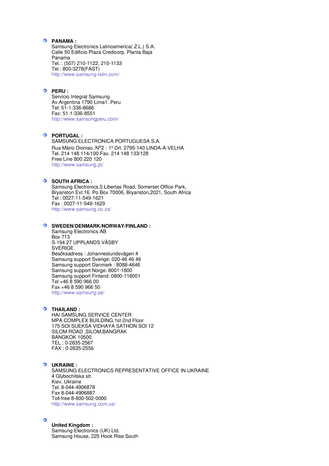 Samsung 710TM, 913TM, 910TM, 713BM manual Panama, United Kingdom 