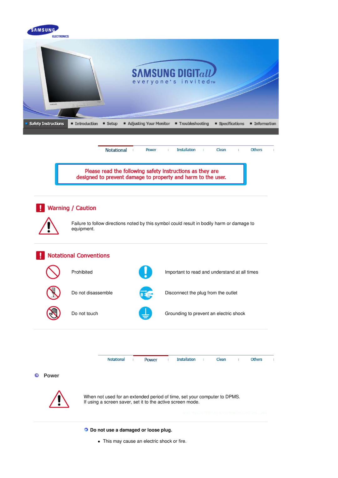 Samsung 913V manual Power, Do not use a damaged or loose plug 