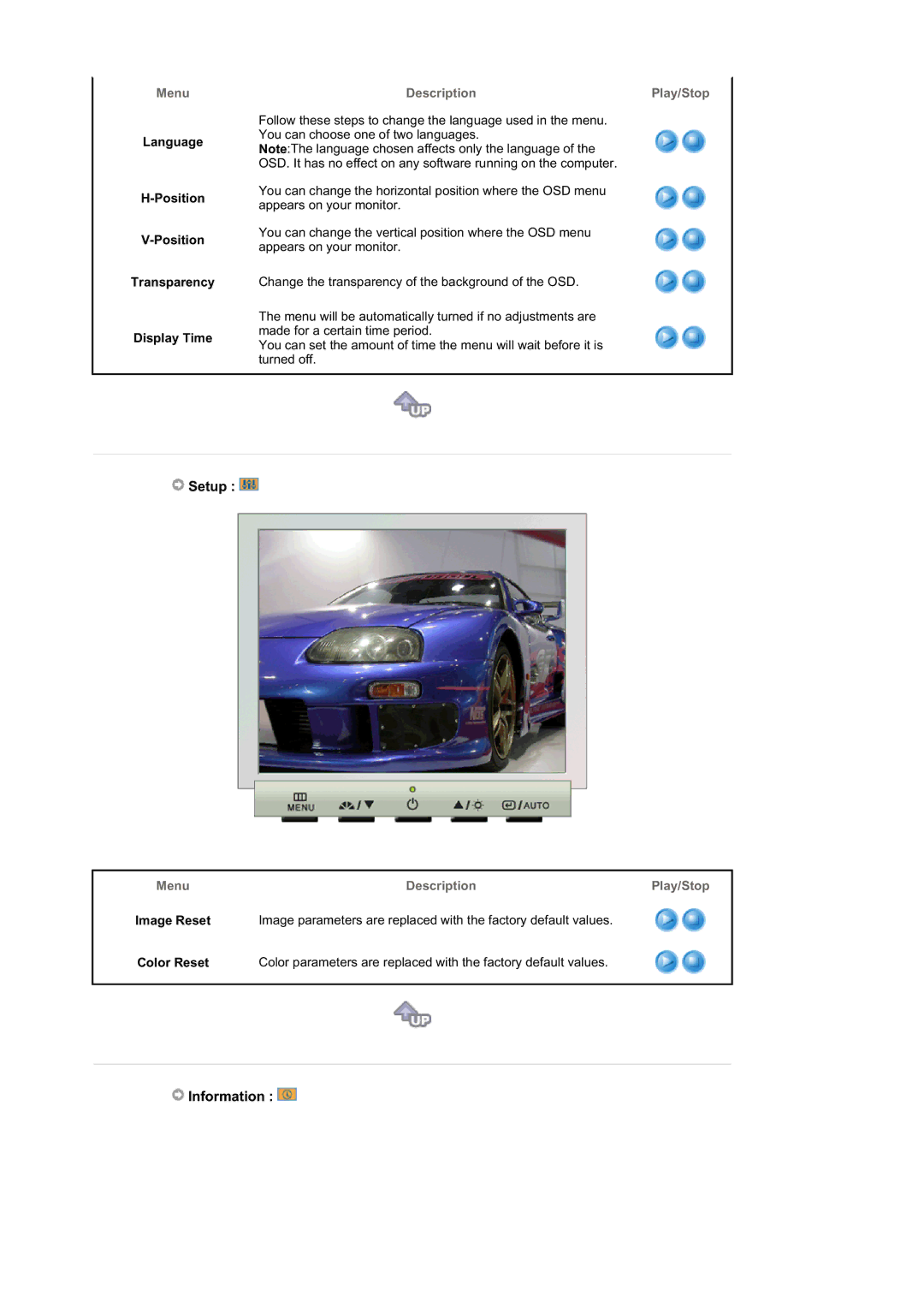 Samsung 913V manual Setup, Information, Language Position Transparency Display Time 