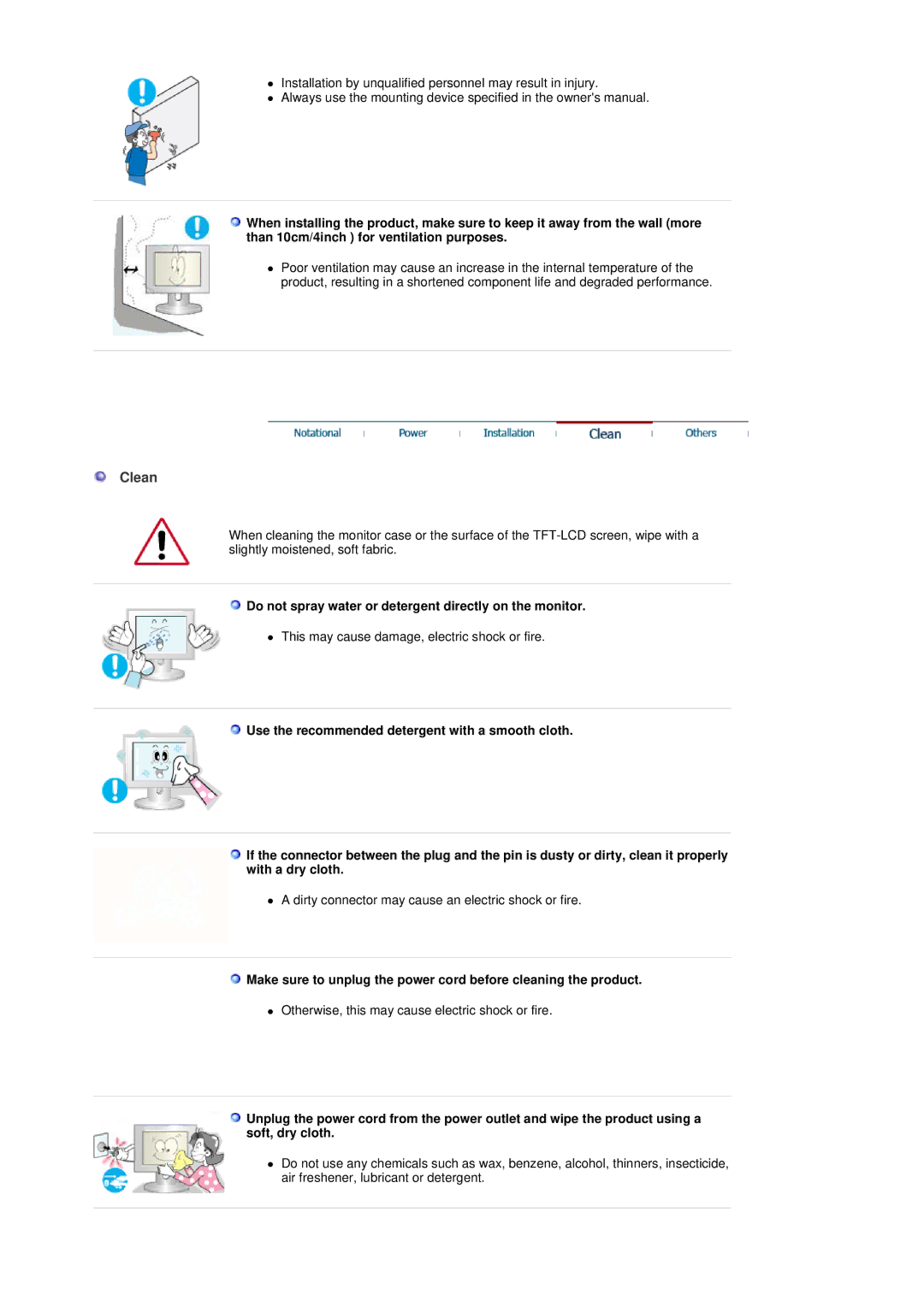 Samsung 913V manual Clean, Do not spray water or detergent directly on the monitor 