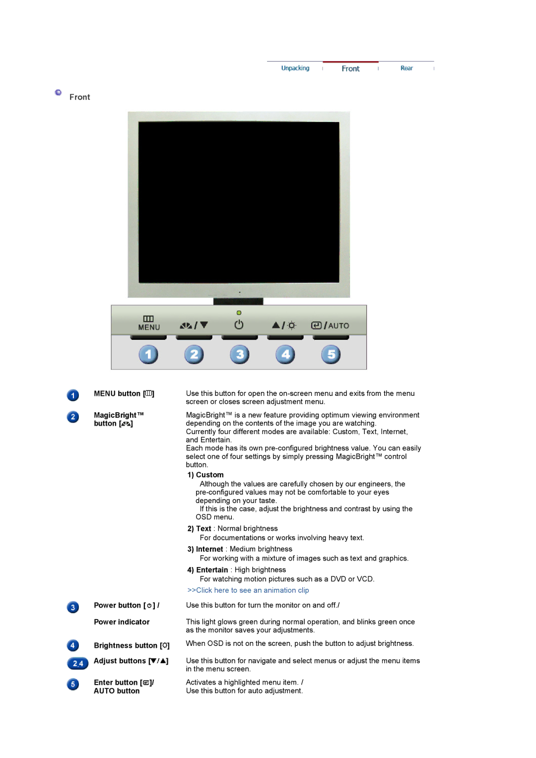 Samsung 914V manual Front, Custom 