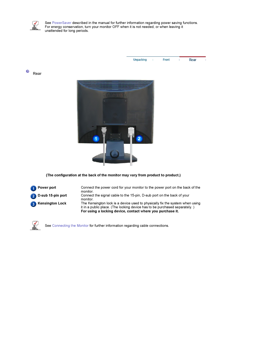 Samsung 914V manual Rear, Sub 15-pin port, Kensington Lock, For using a locking device, contact where you purchase it 