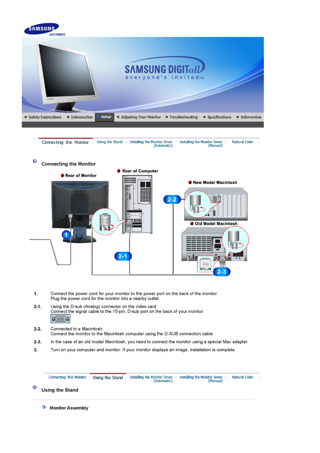 Samsung 914V manual Connecting the Monitor, Using the Stand, Monitor Assembly 