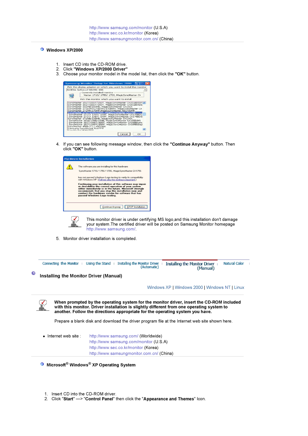 Samsung 914V Installing the Monitor Driver Manual, Click Windows XP/2000 Driver, Microsoft Windows XP Operating System 