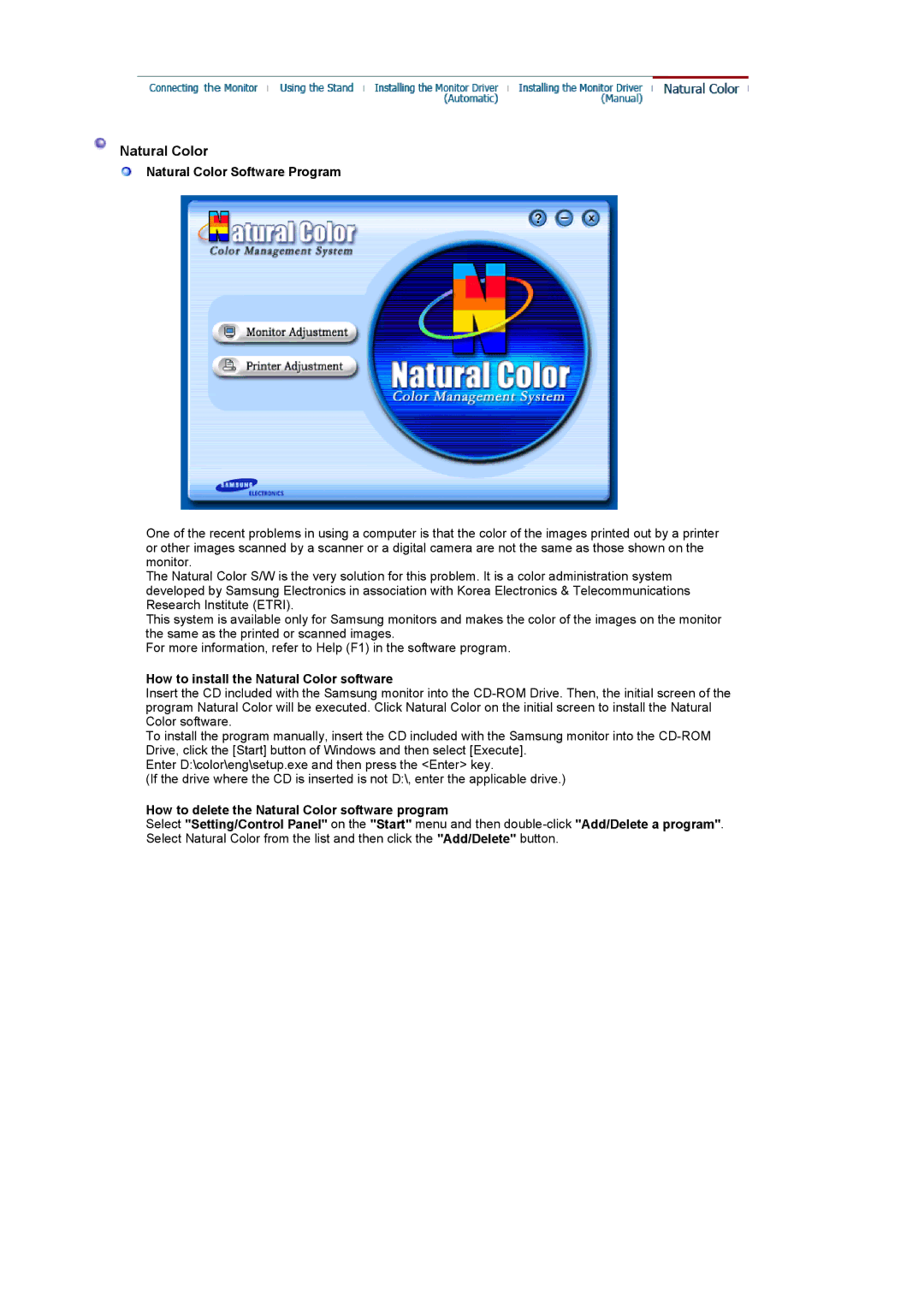 Samsung 914V manual Natural Color Software Program, How to install the Natural Color software 