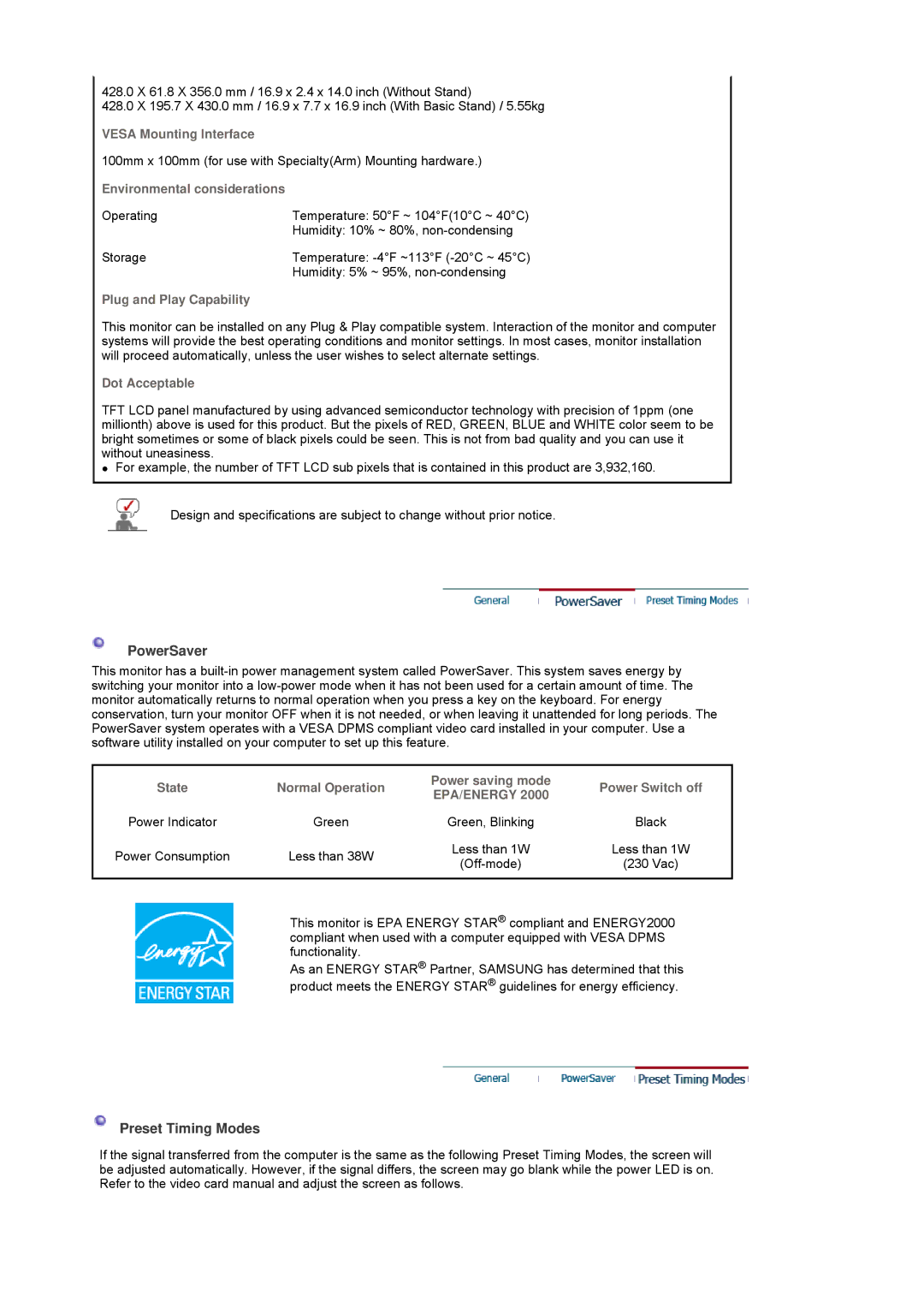 Samsung 914V manual PowerSaver, Preset Timing Modes 