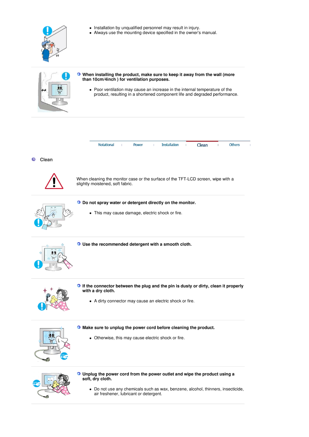 Samsung 914V manual Clean, Do not spray water or detergent directly on the monitor 