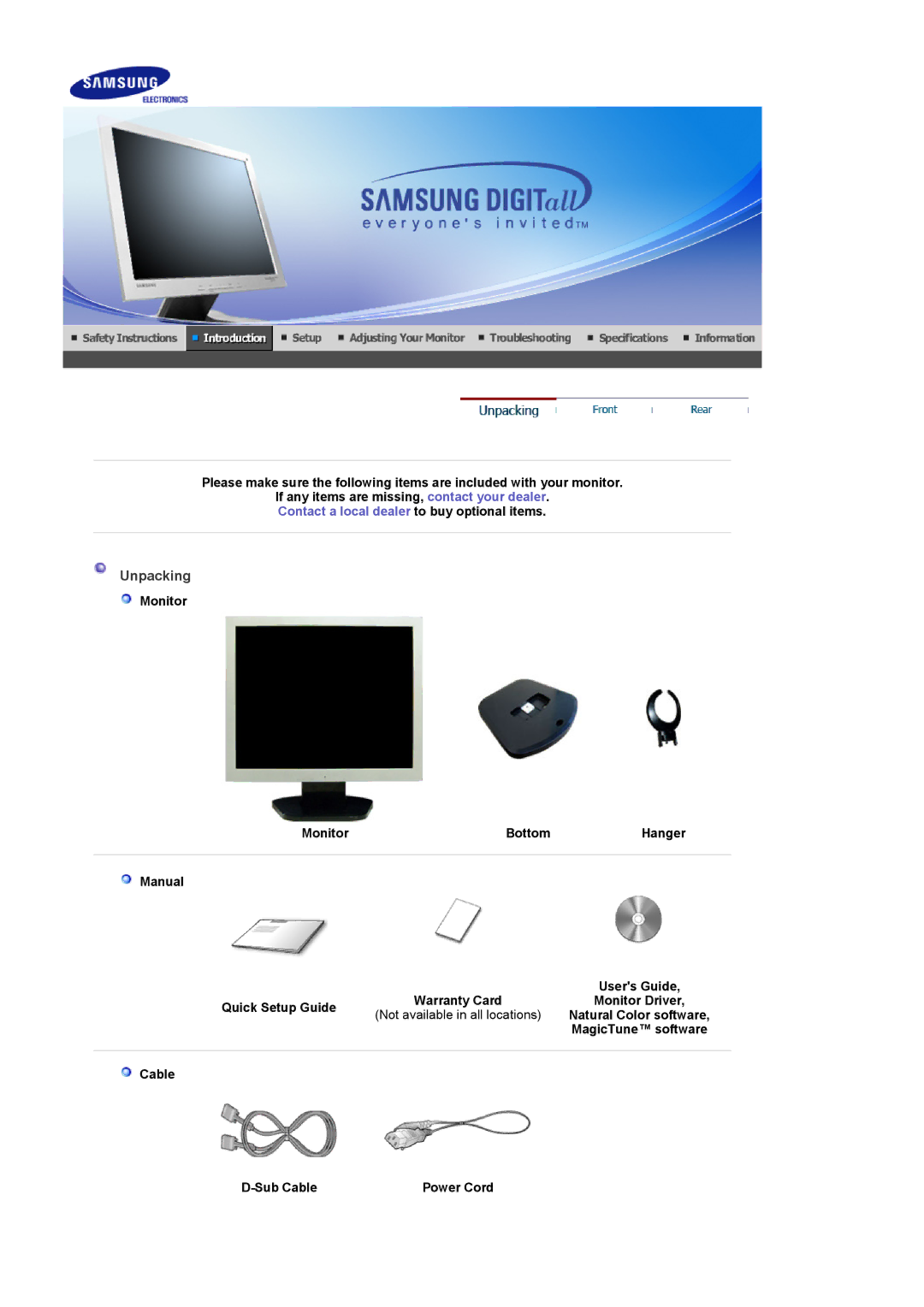 Samsung 914V Unpacking, Monitor Bottom Hanger Manual, Quick Setup Guide, Not available in all locations, Cable Sub Cable 