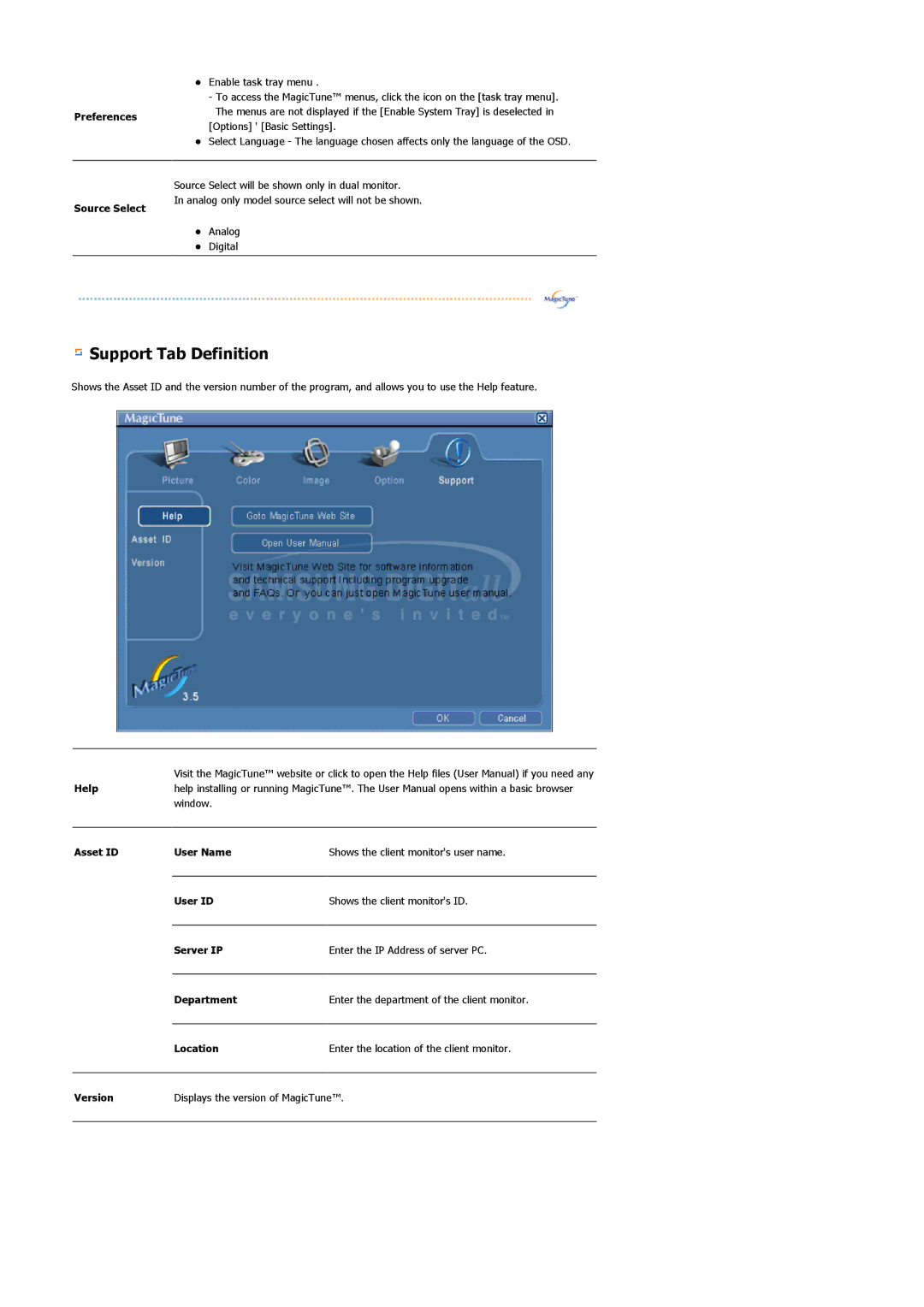 Samsung 916V manual Support Tab Definition, Preferences 