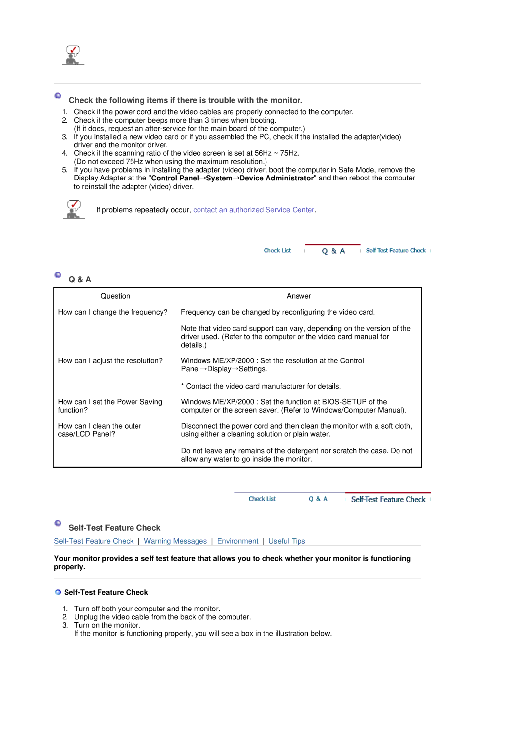 Samsung 916V manual Self-Test Feature Check 